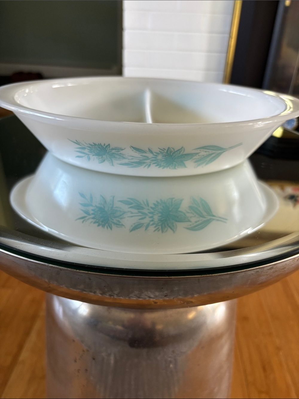 Vintage Glasbake Blue Thistle Divided Casserole Dish Milk Glass w/ Teal Blue